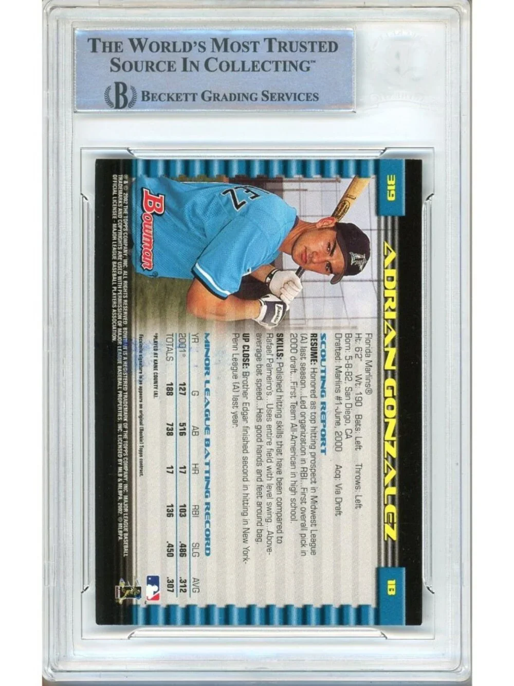 Adrian Gonzalez Signed 2002 Bowman #319 Florida Marlins Slabbed Auto Card